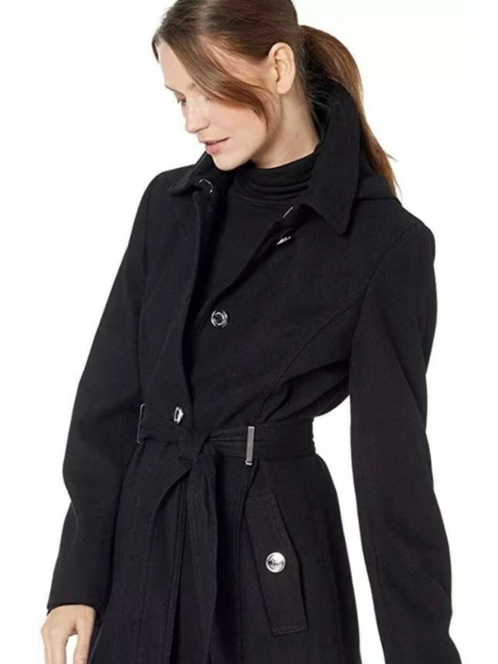 Calvin Klein Women's Black Wool Trench Coat with Belt